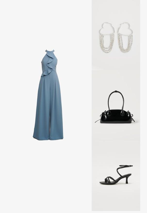 Hele sinine jumpsuit, millel on kaela tagant kinnituv rihm, volangid esiosas, laiad sääred ja tekstureeritud kangas.; Even&Odd Wide Fit by Zalando Sandaalid - black; Väike must läikiv käekott kahe pika sangaga ja külgedel paelakinnitustega, ühel lihtsal helel taustal.; Hõbe rõngastooted südame kujuga, millel on langevad selgeid rhinestone'idesse, et lisada sära ja tekstuuri.