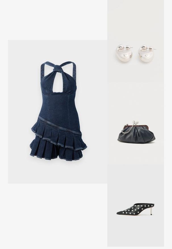 Denim-halterimekko, jossa on avainaukko-kaula-aukko, tiukka vartalo-osa ja levenevä röyhelöhelma. Tumansinisestä kankaasta, jossa on näkyvät ompeludet.; STAND STUDIO KELSEY - Korolliset pistokkaat - black; Merensininen nahkainen kukkaro, jossa poimutettu muotoilu, hopeaketju hihnana ja kissalukko suljetus. Pehmeä pinta, jossa hienovarainen kiilto.; Pari kiiltäviä hopeisia paksuja rengaskorvakoruja, joissa on tikkulukot, valkoisella taustalla.
