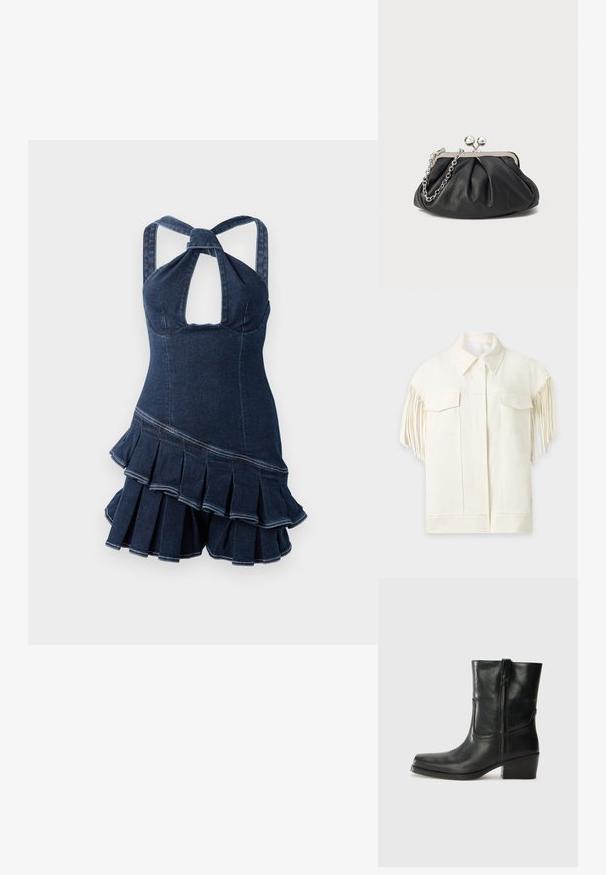 Denim halterneck-kjole med nøglehulslinning, tætsiddende skæring og flared, voluminøse kanter. Mørkeblåt stof med synlige syninger.; Hvid kortærmet jakke med spids krave, frontlommer med klapper og lange frynser langs ærmerne.; Sort læder ankelstøvle med rundt tå, blokhæl, lynlås i siden og stikninger på vampsiden. Glat tekstur, klassisk design.; Sort læder clutch med samlet tekstur, sølvfarvet metalramme, kys-lås lukning og kædestrop. Glat, blød overflade.