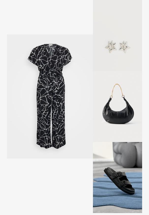 Sort jumpsuit med et hvidt abstrakt linjemønster, korte ærmer, V-hals og bånd i taljen. Stoffet har et blødt, tekstureret udseende.; Sort læder slide sandal med to justerbare remme med spænder, hvilende på en tekstureret blå overflade, med en sløret polstret genstand i baggrunden.; Sort læderhåndtaske i halvmåneform med gyldent kæderem og lynlås på siden.; Sølv stjerneformede øreringe med en glat, poleret finish på en ensfarvet hvid baggrund.
