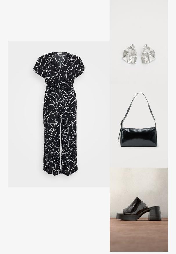 Sort jumpsuit med et hvidt abstrakt linjemønster, korte ærmer, V-hals og bånd i taljen. Stoffet har et blødt, tekstureret udseende.; Sort laklæder mule med åben tå og kraftig blokhæl, placeret oprejst på gråt gulv mod sløret baggrund.; Sort rektangulær skuldertaske med en enkelt justerbar rem og lynlås i toppen på en ensfarvet baggrund.; Sølvmetal øreringe med et bølgende, skulpturelt design, der har en poleret overflade og uregelmæssige former, hvilket fremhæver en moderne æstetik.
