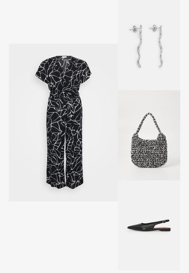 Sort jumpsuit med et hvidt abstrakt linjemønster, korte ærmer, V-hals og bånd i taljen. Stoffet har et blødt, tekstureret udseende.; Sorte læder slingback sko med spidse tæer, subtil glans og justerbar ankelrem. Flad hæl med en brun indersål.; Vævet håndtaske i sort og hvid med en rund form, tekstureret overflade og et fletet håndtag. Velegnet til afslappet brug.; Sølv metal øreringe med bølget design, der har to sammenkoblede, forlængede elementer. Glat tekstur og poleret finish. Stiftlukning.