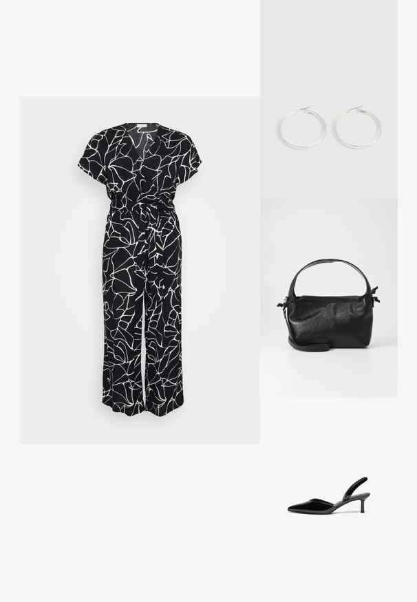 Sort jumpsuit med et hvidt abstrakt linjemønster, korte ærmer, V-hals og bånd i taljen. Stoffet har et blødt, tekstureret udseende.; Sorte patentlæder slingback hæle med spids tå, lav stiletto hæl og et elegant, enkelt design uden pynt.; Sort læderhåndtaske med et struktureret design, rund tophåndtag og aftagelig skulderrem. Den har en glat tekstur og en subtil glans.; Par skinnende sølvøreringe med tynde trådlåse, vist på en lys grå baggrund.