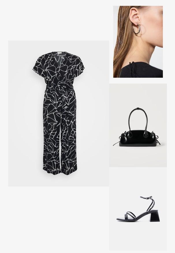 Sort jumpsuit med et hvidt abstrakt linjemønster, korte ærmer, V-hals og bånd i taljen. Stoffet har et blødt, tekstureret udseende.; Sort sandal med stropper, åben tå, ankelspænde og blokhæl, vist i sidelæns syn på en ensartet lys baggrund.; Lille sort blank håndtaske med to lange håndtag og snøre-detaljer i siden på en ensfarvet lys baggrund.; Sølv hoop ørestik med en poleret overflade, prydet med små guld accenter og en rund form, båret på øreflippen.
