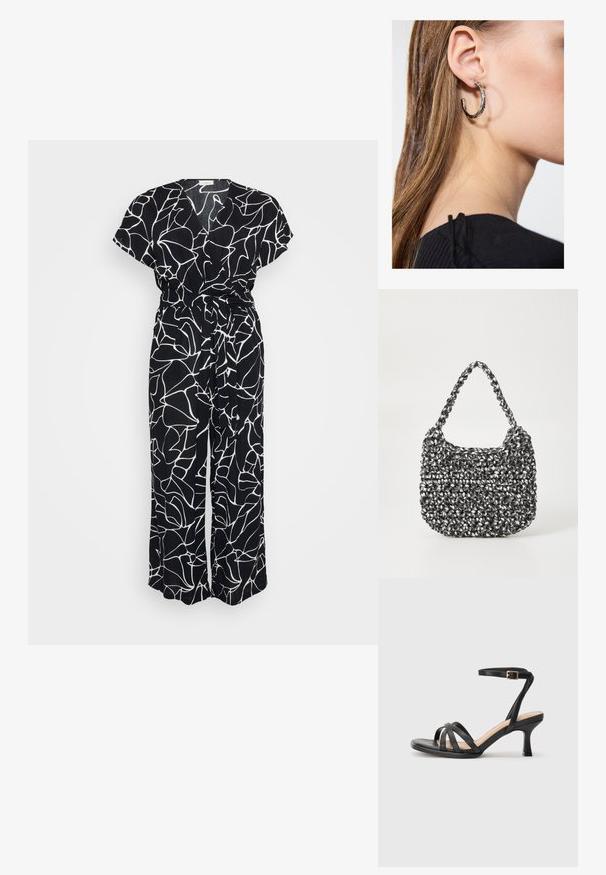 Sort jumpsuit med et hvidt abstrakt linjemønster, korte ærmer, V-hals og bånd i taljen. Stoffet har et blødt, tekstureret udseende.; Sorte høje hæle sandaler med flere tynde stropper over tæerne, en enkelt ankelstrop med en gylden spænde og en firkantet tå.; Vævet håndtaske i sort og hvid med en rund form, tekstureret overflade og et fletet håndtag. Velegnet til afslappet brug.; Sølv hoop ørestik med en poleret overflade, prydet med små guld accenter og en rund form, båret på øreflippen.
