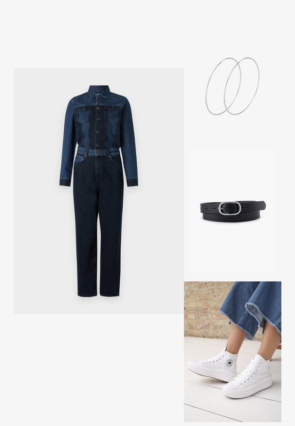 Sinine teksajumpsuit, millel on tumedat sinist värvi, pikad varrukad, nööbiga esiosa, krae ja vöödiga talje ning kaks rinna-taskut.; Isik kannab valgeid kõrge säärega Converse tossusid paksude talladega ning lühendatud äärega siniseid teksapükse telliskiviseina ja valge põranda taustal.; Hõbedased rõngastikkaehingad minimalistlikus disainis. Ümar kuju, sile tekstuur ja õhuke profiil. Kerged ning poleeritud viimistlusega.; Must musträbel mustra nahkrihm, millel on siledat tekstuuri, ovaalne hõbedane metallist pandla ja mitmed reguleerimisaugu rihma ääres. Lame, minimaalne disain.