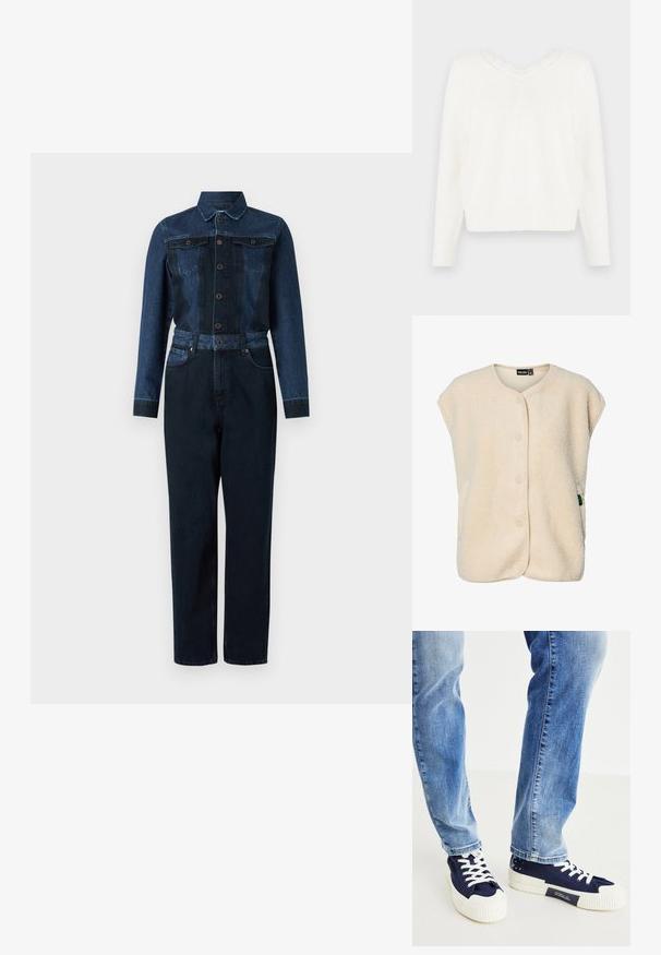 Denim jumpsuit med en mørkeblå farve, lange ærmer, knaplukning foran, krave og bælte i taljen med to brystlommer.; Flødefarvet, ærmeløs fleecevest med trykknapper foran og rund halsudskæring, med et lille mærke fra mærket på siden.; Hvid strikket sweater med v-udskæring og blondekant. Har lange ærmer, ribbede manchetter og en let cropped kant. Blødt, struktureret stof.; Marineblå lærreds sneakers med hvide gummisåler og snørebånd. Bemærkelsesværdige hvide striber på sålen og mønstrede detaljer ved hælen.