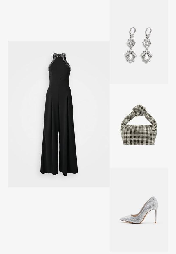 Zwart jumpsuit met een halternekontwerp, voorzien van versierde rand. Wijd gesneden silhouet met geplooide details aan de voorkant.; Zilveren hoge hak pump met een puntige neus, versierd met strassstenen, een gladde textuur en een stiletto hak die naar een smalle basis toeloopt.; Zilverkleurige handtas met een geknoopte bovenhandgreep, rechthoekige vorm, bedekt met kleine, ronde rhinestones, gladde textuur.; Zilverkleurige oorbellen met meerdere heldere kristalgesteenten in druppel- en marquisevormen, met sluitingen met een leversysteem en ingewikkelde details.