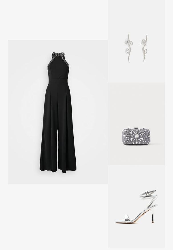 Schwarzer Jumpsuit mit Halterneck-Design und verziertem Saum. Weitere Beinsilhouette mit gefälteltem Detail an der Vorderseite.; Silberne Sandale mit hohem Absatz und umlaufenden Riemen am Knöchel sowie dünnem Stiletto-Absatz, seitlich auf weißem Hintergrund gezeigt.; Kleine rechteckige dunkelgraue Clutch, verziert mit klaren Strasssteinen in einem strahlenförmigen Muster und einem silbernen Kettenriemen.; Schlichtes, silbernes Twisted-Ohrschmuckdesign mit zarten Kurven, das kleine klare Strasssteine entlang der Oberfläche zeigt. Mit Clip-Verschluss für sicheren Halt.