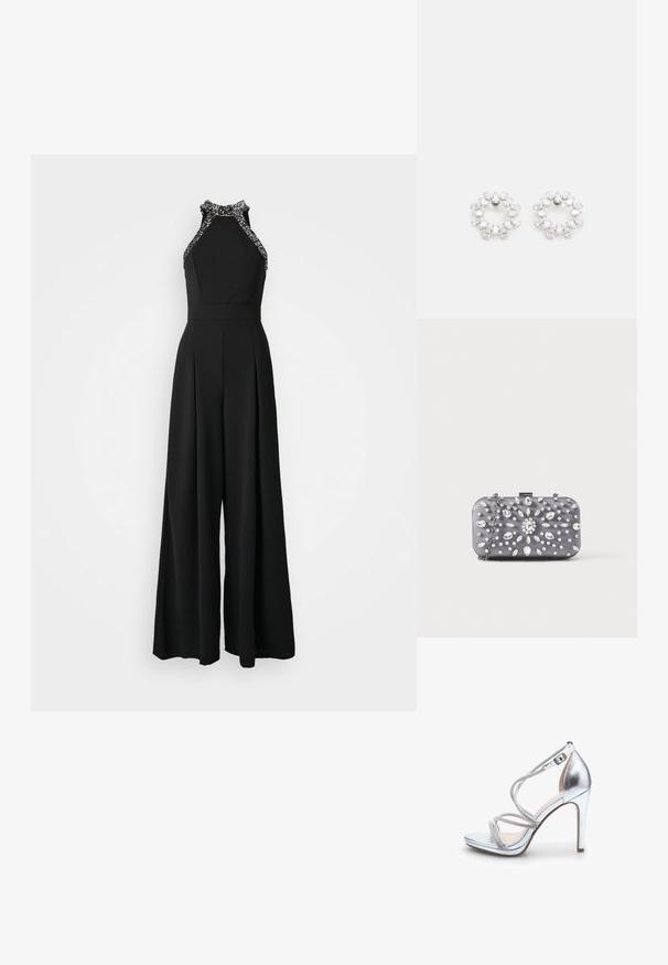 Mustkas jumpsuit, millel on kaeluse disain ja kaunistatud ääred. Lai jalalõige, millel on volditud detailid esiosas.; Hõbedased kõrged kontsad sandaalid, millel on ristatud rihmad, metalliline viimistlus, avatud varvas ja pahkluu pandla. Sile tekstuur, millel on peen sära.; Väike ristkülikukujuline tumehall käekott, kaunistatud selgete kristallidega kiirgavas mustris ja hõbedase kettaga rihm.; Ümmargused metallist kõrvarõngad, mis on kaunistatud mitme selge, faceteeritud kiviga, mis on paigutatud säravasse mustrisse. Värvitu ja peegeldav.