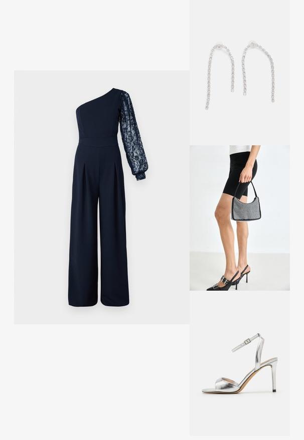 Marinefarbener Jumpsuit mit einem Träger und einem langen Spitzenauschnitt. Das Design umfasst weite Beine und Falten an der Vorderseite für zusätzliche Textur.; Silberne High-Heels-Sandale mit offener Zehe, metallic glänzender Optik und verstellbarem Knöchelriemen. Sie verfügt über einen spitzen Stiletto-Absatz und eine glatte Innensohle.; Schwarze Perlen-Handtasche mit geschwungener Silhouette, Tragegriff und glänzender Textur. Kombiniert mit schwarzen High Heels und enganliegenden schwarzen Shorts.; Silberohrringe mit herabhängenden Ketten, die mehrere klare Edelsteine in einem linearen Muster angeordnet haben und einen schimmernden Effekt bieten.