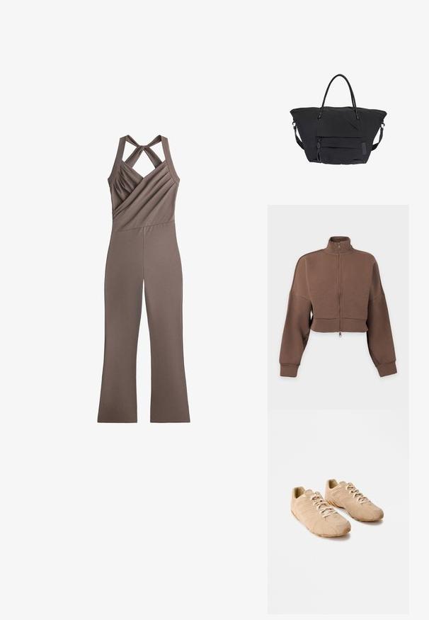 Combinaison marron sans manches avec bretelles croisées, corsage froncé, couture diagonale et pantalon à jambes larges.; Veste courte marron zippée avec manches longues et col montant sur fond blanc.; Baskets de sport beiges avec une tige en daim texturé, une semelle en caoutchouc courbée saillante et un système de laçage. Présente des détails en relief sur les côtés.; Grand sac cabas noir avec double poignées, poche zippée à l'avant et bandoulière amovible sur fond blanc.