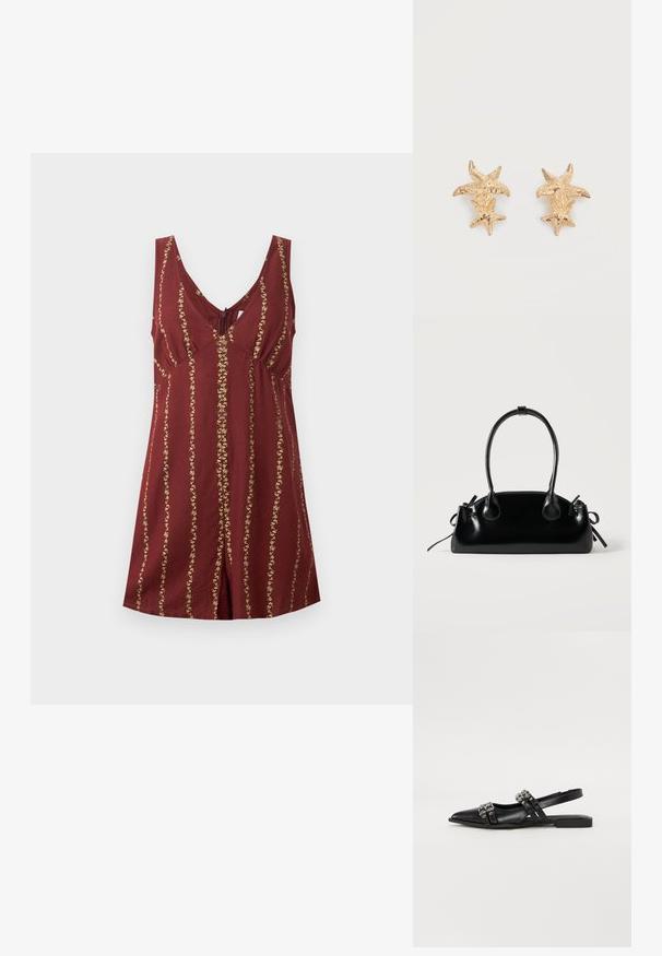 Robe sans manches bordeaux avec col en V, taille ajustée et rayures florales dorées verticales, posée à plat sur un fond blanc.; Even&Odd by Zalando Ballerines à brides arrière - black; Petit sac à main noir brillant avec deux longues anses et des détails à cordon sur les côtés sur un fond clair uni.; Boucles d'oreilles dorées présentant deux formes d'étoiles de mer texturées, une plus grande et une plus petite, sur chaque boucle d'oreille sur fond blanc.