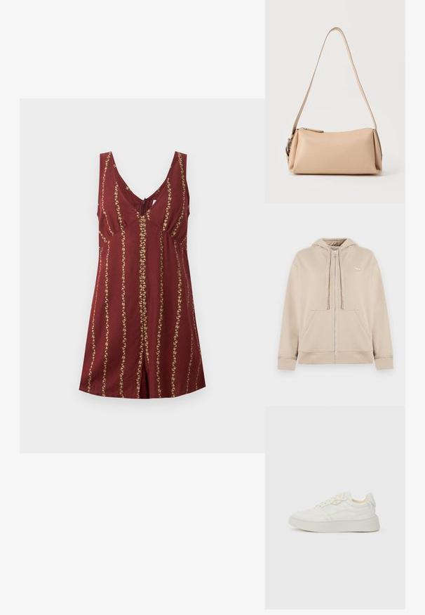 Robe sans manches bordeaux avec col en V, taille ajustée et rayures florales dorées verticales, posée à plat sur un fond blanc.; Sweat à capuche zippé beige en tissu doux, avec une poche kangourou, un cordon de serrage à la capuche et un petit logo sur la poitrine.; Baskets blanches avec un dessus en cuir lisse, un col rembourré et une épaisse semelle en caoutchouc. Présente un logo discret et des coutures ton sur ton.; Sac à bandoulière rectangulaire beige avec une longue sangle, fermeture éclair, et design minimaliste sur un fond uni.