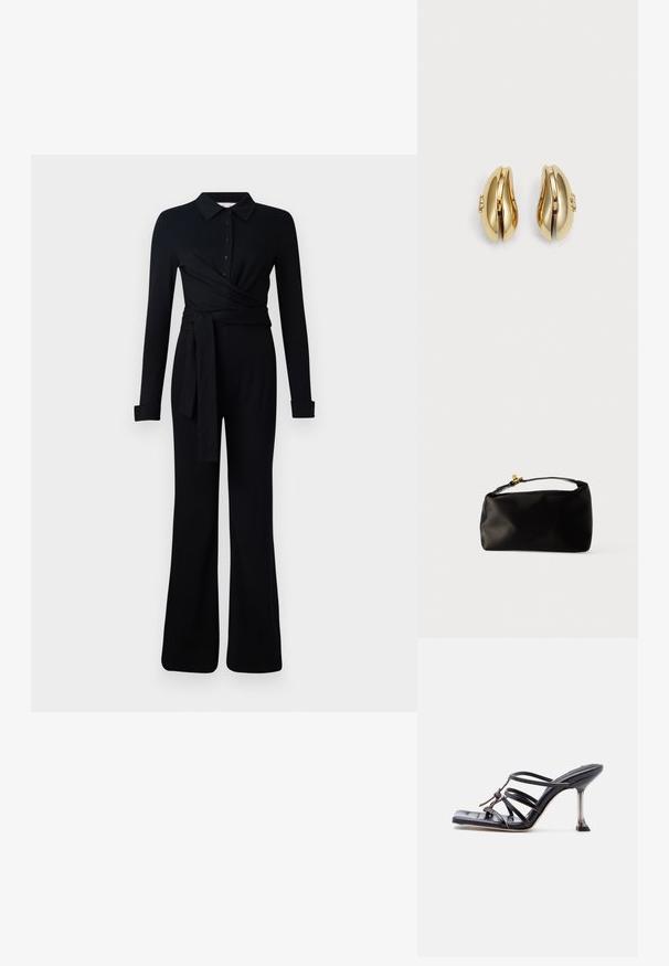 Sort langærmet jumpsuit med krave, knaplukning, indviklet design og en bælte i taljen. Fremstillet af blødt, strækbart stof.; Sort højhælet sandal med stropper, firkantet tå og tynd stilet hæl, med overlappende stropper og en knudedetalje på overdelen.; Sort satinpung med en afrundet form, et håndtag i toppen og en guldaccentlås. Glat tekstur med et minimalistisk design.; Guldringede øreringe med et flydende, buet design. Hver ørering har en glat overflade og en lille lukning med en dekorativ detalje.