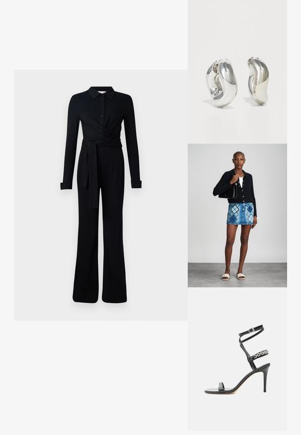 Sort langærmet jumpsuit med krave, knaplukning, indviklet design og en bælte i taljen. Fremstillet af blødt, strækbart stof.; Sort højhælet sandal med tynd ankelrem, midtfodsrem dekoreret med sølvkædeled og åben tå-design.; Sort striktrøje, hvid top, denimnederdel med blå og sort diamantmønster, sort håndtaske og beige slidesandaler.; Sølvskulpturelle øreringe med glatte, buede former og reflekterende overflader. Har et lukket hoop-design og en markant organisk form.