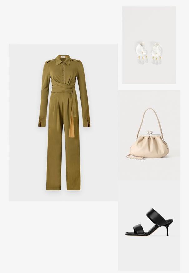 Olijfgroen jumpsuit met kraag, knopen aan de voorkant en lange mouwen. Beschikt over een ceintuur in de taille en wijde pijpen. Zachte, gladde stof.; Zwarte leren mule sandaal met twee brede banden en een slanke, middelhoog stilettohak op een effen lichte achtergrond.; Beige zachte leren handtas met een zilveren metalen frame sluiting, een enkele schouderriem en een optionele kettingriem op een witte achtergrond.; Duidelijke hars oorbellen in schelpvorm met kleine gouden accenten en drie hangende doorschijnende druppelvormige bedels aan elk oorbel.