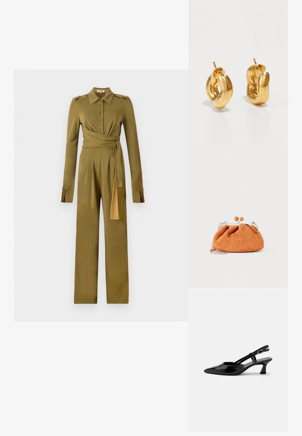 Oliven grøn jumpsuit med krave, knapfront og lange ærmer. Har en bæltested og vide bukser. Glat, blødt stof.; Sort laklæderslingback med lille hæl, spids tå og justerbar guldlåsrem på hvid baggrund.; Lille orange flettet clutch-pung med sølvmetalramme, rund lukning og en sølvkæde-rem på en hvid baggrund.; Chunky guld hoop øreringe med et let snoet, rørformet design og postsystem bagpå, på en hvid baggrund.