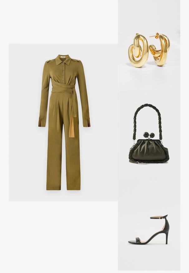 Oliven grøn jumpsuit med krave, knapfront og lange ærmer. Har en bæltested og vide bukser. Glat, blødt stof.; Sort læder højhælede sandaler med ankelrem. Har en glat tekstur, åben tå og en tynd hæl. Guldtonet spænde detalje.; Olivengrøn læderhåndtaske med flettet håndtag og sølvhardware, med en samlet design og runde låsedetaljer på toppen.; Charlotte Chesnais BO INITIAL BLOW - Øreringe - gold-coloured