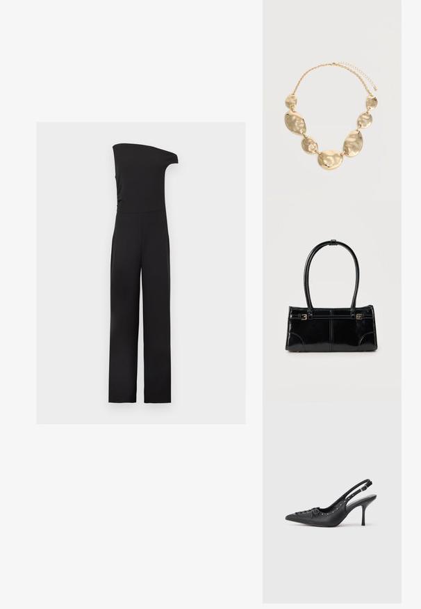 Combinaison noire sans manches avec design à une épaule et pantalon à jambes larges sur un fond clair uni.; Escarpin en cuir noir à talon aiguille avec un bout pointu, une bride latérale à boucle, des clous le long du bord et un laçage décoratif à l'avant.; Sac à main rectangulaire noir brillant avec deux fines bretelles et petits détails de boucles dorées à l'avant.; Collier chaîne ton or avec six plaques métalliques ovales et rondes irrégulières martelées reliées ensemble et fermoir ajustable.