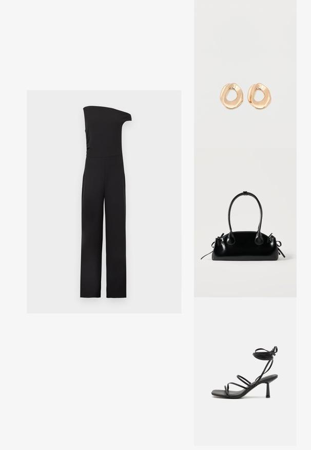 Combinaison noire sans manches avec design à une épaule et pantalon à jambes larges sur un fond clair uni.; Sandale noire à lanières avec un bout carré, des liens de cheville réglables et un talon carré fin. Fabriquée en un matériau lisse et durable.; Petit sac à main noir brillant avec deux longues anses et des détails à cordon sur les côtés sur un fond clair uni.; Paired boucles d'oreilles en métal doré poli de forme irrégulière avec un centre ouvert sur un fond blanc uni.