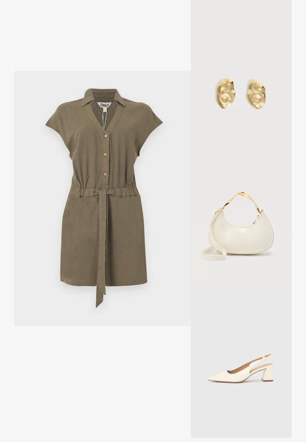Robe sans manches vert olive boutonnée, avec col, taille élastique et ceinture en tissu nouée.; Escarpin slingback en cuir verni crème brillant, avec un bout pointu et un talon carré épais pour la stabilité. Design minimaliste, sans ornements.; Sac à main crème en forme de croissant avec poignée courte brillante dorée et bandoulière longue assortie sur un fond clair uni.; Paire de boucles d'oreilles en métal doré brillant, de forme irrégulière, avec une surface froissée et lisse sur un fond clair uni.