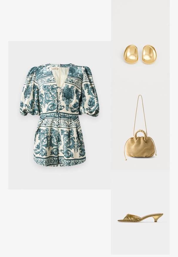 Blomsterprintet romper i creme og teal. Har puffærmer, en dyb V-udskæring, snore-detalje og en tætsiddende talje.; Guldfarvet mule sandal med åben tå, lav kittenhæl og knude-design på hvid baggrund.; Beige vævet håndtaske med flettede øverste håndtag, snørresider og en lang tynd skulderrem på en ensfarvet hvid baggrund.; Guldfarvede stud øreringe med en glat, rund form og en reflekterende overflade, der fremhæver et minimalistisk design uden synlige mønstre.