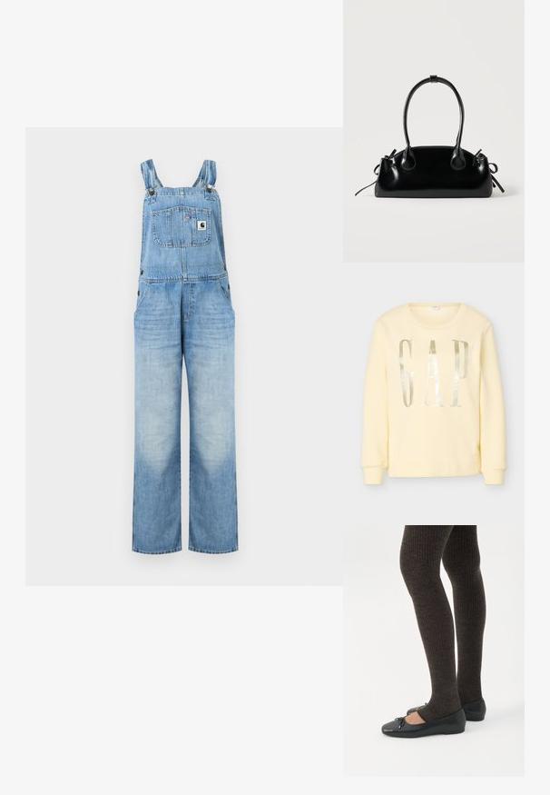 Lys blå denim-dresser med justerbare skulderstropper, brystlomme foran med logoemblem og vide bukseben.; Blekgul genser med lange ermer og rund hals med store reflekterende sølvbokstaver som staver "GAP" på forsiden.; Bein iført mørke ribbestrikkede leggings kombinert med svarte ballettsko med små sløyfedetaljer på hvit bakgrunn.; Liten svart blank håndveske med to lange håndtak og sidesnorer detaljer på en ensfarget lys bakgrunn.
