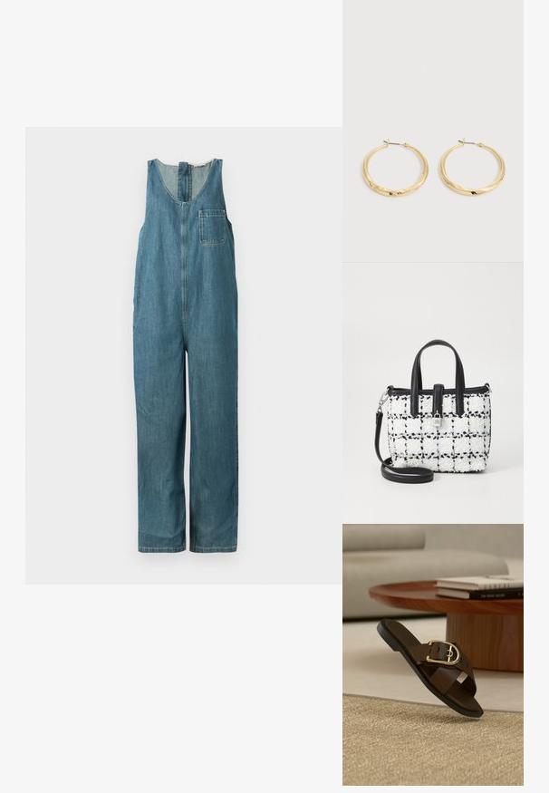 Denim overall jumpsuit in medium blue, met een V-hals, mouwloos ontwerp, rechte pijpen en een borstzak aan de linkerkant.; Bruine leren instap-sandaal met gouden gesp op een beige tapijt, houten salontafel en boeken op de achtergrond.; Kleine handtas van gestructureerde zwart-witte tweed met leren accenten, dubbele handvatten bovenaan en een afneembare schouderband.; Een paar gepolijste gouden oorringen met dunne pennen en scharnierende sluitingen, tentoongesteld op een effen lichtgrijze achtergrond.