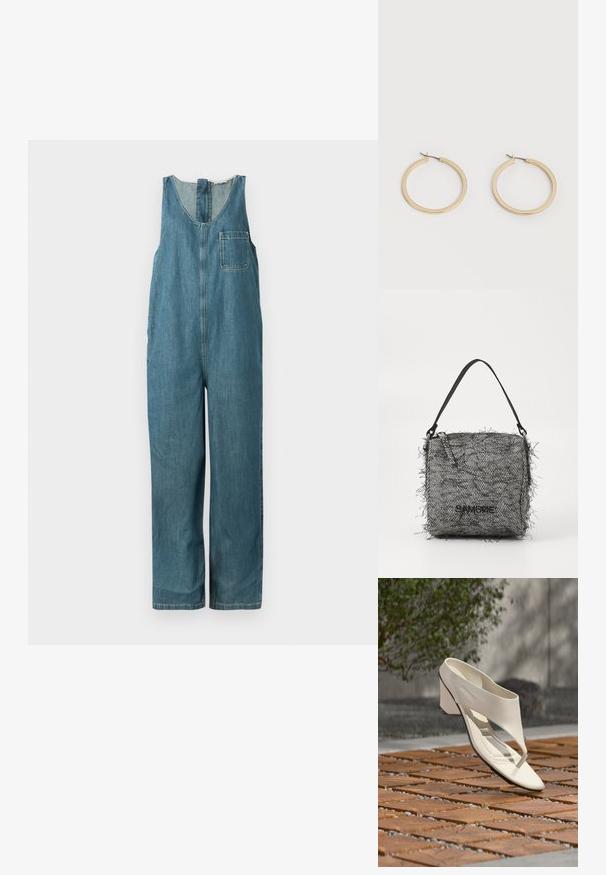 Keskmise sinise tooniga denim overall, millel on V-kujuline kaelus, ilma varrukateta disain, sirged sääred ja vasakul küljel rinnanina tasku.; Valge nahast kontsakingad laiade rihmade ja varbaeraldisega, eksponeeritud õues puidu ja kruusa plaatidega pinnal, taustal roheline taimestik.; Kootud must-valge kalamaksa mustriga kott, millel on frantsiisitud servad, õhuke õlavarre rihm ja logo esiküljel.; Paari keskmise suurusega siledad kuldsed kõrvarõngad hingedega kinnitusdetailiga, taustaks lihtne hele pind.