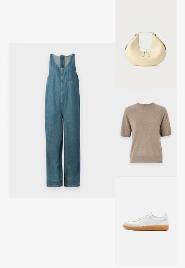 Keskmise sinise tooniga denim overall, millel on V-kujuline kaelus, ilma varrukateta disain, sirged sääred ja vasakul küljel rinnanina tasku.; Lühikeste varrukatega kerged beez värvi sviitrid, mis on valmistatud pehmest ja tekstureeritud kangast. Omapärane ümar kaelus ja soonikud varrukaotsadel ja allääres. Igapäevane disain.; Valge nahast tenniseking, millel on beeži luksusliku sameti detailid, kummi kummist tald ja seotud disain. Esitleb diskreetset kuldset brändimist.; Beež poolkuu-kujuline käekott kahekordse luku ja lühikese sangaga, külgedel hõbedased metalldetailid.
