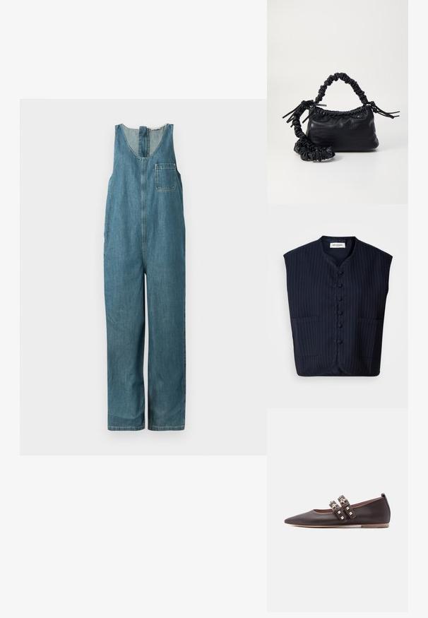 Keskmise sinise tooniga denim overall, millel on V-kujuline kaelus, ilma varrukateta disain, sirged sääred ja vasakul küljel rinnanina tasku.; Tumesinine ilma varrukateta vest, millel on triibuline muster, nööpidega ees, mandariinikaelus ja kaks eesmist taskut. Pehme kangas, struktureeritud kuju.; Tumepruun terava ninaga madal king, kahekordsete rihmadega, millel on kuldse tooniga pandlad ja püramiidkujundusega naelad, ning madala beeži tallaga.; Must must sünteetilisest nahast käekott, millel on krokodillimuster, kokku tõmmatav ülaosa ja kortsus rihm. Tundub pehme ja kompaktne disain.