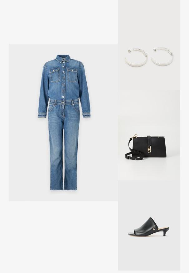 Lysblå denim jumpsuit. Har lange ærmer, krave, knaplukning foran, to brystlommer og brede lige ben med synlig syning.; Sorte læder open-toe mules med en lav hæl. Har en glat overflade og et guld logo-prim på siden.; Tommy Hilfiger LIBRE MINI - Skuldertasker - black; Sølvfarvede halvcirkelformede creoler med riflet tekstur og trykknapslukning på hvid baggrund.