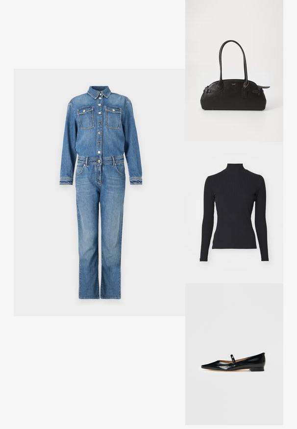 Lysblå denim jumpsuit. Har lange ærmer, krave, knaplukning foran, to brystlommer og brede lige ben med synlig syning.; Sort ribbet turtle-sweater med lange ærmer. Lavet af strækbart stof med en tætsiddende pasform og høj krave. Enkel design uden udsmykninger.; Sorte patenterede læder Mary Jane flade sko med spids tå, én rem og lav hæl på ensfarvet baggrund.; Sort læderhåndtaske i rund form, med to lange håndtag, guldfarvet hardware og et lille mærke vedhæftet. Lynlåslukning på toppen.