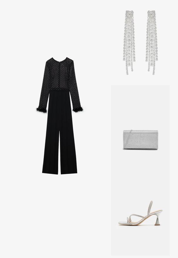 Mustast jumpsuit'iga, millel on pikad varrukad, kaunistatud kristallidega bodice ja suleaksendid varrukaotstes. Lai jalgevahe disain ja elegantne siluett.; Hõbedased metallist kontsaga sandaalid, millel on ristuvatest võrkmaterjalist rihmad ja unikaalne laienev konts. Sile tekstuuriga tall ning terav nina.; Hõbedane metallist kott, millel on kudumise võrgustik, ristkülikuline kuju ja kett, millega kanda. Sile tekstuur ja poleeritud viimistlus.; Pikad hõbedased kõrvarõngad, millel on rida selgeid, facettide lõikega kristalle kaskaadsetes lõngades, millel on erinevad pikkused ja kujundid.