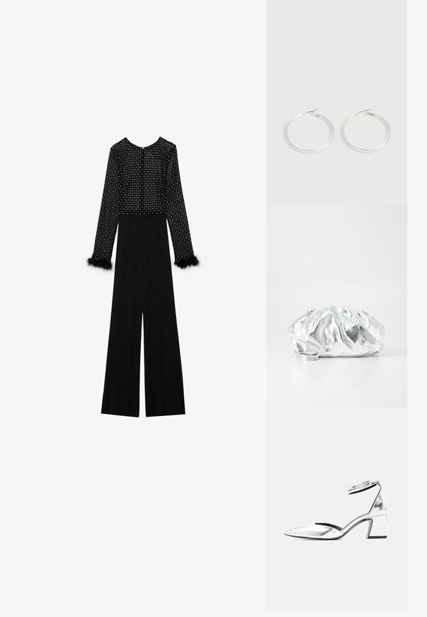 Zwarte jumpsuit met lange mouwen, versierde lijf met kristallen en pluizige accenten op de manchetten. Wijde pijpen, slanke silhouet.; Zilverkleurige metalen lage blokhak schoen met puntige neus en enkelbandje met gesp op witte achtergrond.; Metalen zilveren clutch tas met een zachte, geplooide body en een dunne schouderriem. Kenmerkt zich door een gladde, glanzende textuur en afgeronde vorm.; Een paar glanzende zilveren oorringen met dunne draadafsluitingen, getoond op een lichtgrijze achtergrond.