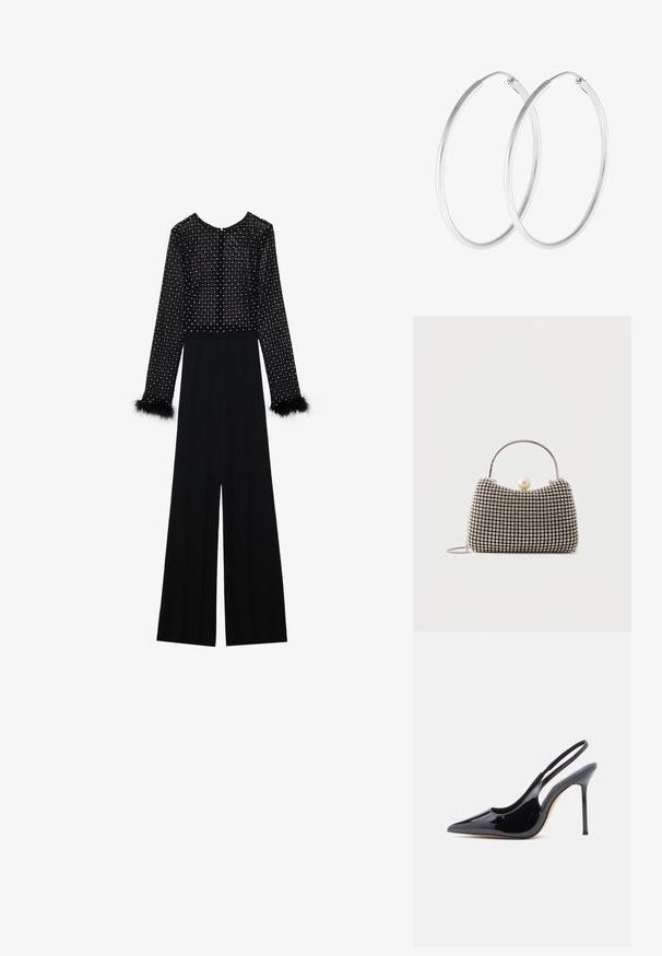 Zwarte jumpsuit met lange mouwen, versierde lijf met kristallen en pluizige accenten op de manchetten. Wijde pijpen, slanke silhouet.; Zwarte slingback pump van lakleer met spitse neus, slanke hoge hak en een gebogen uitsnijding aan de zijkant. Gladde, glanzende afwerking.; Kleine handtas met zilverkleurig rasterpatroon, gebogen handvat, grote parel sluiting en een dunne zilveren kettingriem op een effen achtergrond.; Zilverkleurige oorringen met een gladde, ronde vorm en een gepolijste afwerking. Beide oorbellen zijn van dezelfde grootte en hebben een veilige sluitmechanisme.