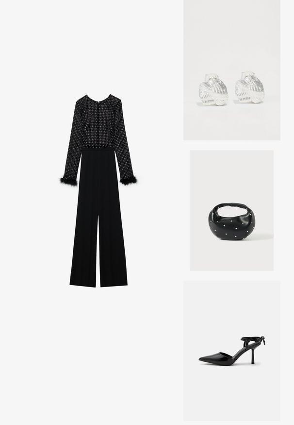 Zwarte jumpsuit met lange mouwen, versierde lijf met kristallen en pluizige accenten op de manchetten. Wijde pijpen, slanke silhouet.; Zwarte lakleren hoge hakken schoen met spits toelopende neus en enkelbandje achter gebonden in een knoop, afgebeeld op een effen witte achtergrond.; Zwarte leren handtas met een afgeronde vorm, versierd met zilveren studs, en een korte handgreep. Gladde textuur en ritsluiting.; Zilveren oorknopjes in schelpvorm met textuuraccenten en gladde rondingen, voorzien van een doorzichtige achterkant voor een veilige bevestiging.