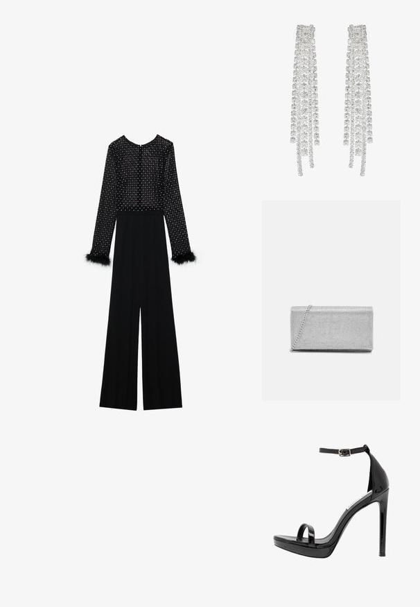 Zwarte jumpsuit met lange mouwen, versierde lijf met kristallen en pluizige accenten op de manchetten. Wijde pijpen, slanke silhouet.; Steve Madden MILANO - Sandalen met hoge hak - black; Zilveren metallic clutch met een geweven gaasontwerp, rechthoekige vorm en een kettingriem om mee te dragen. Gladde textuur en gepolijste afwerking.; Lange zilveren oorbellen met een scala aan heldere, facetteerde kristallen in een waterval van strengen met variërende lengtes en vormen.