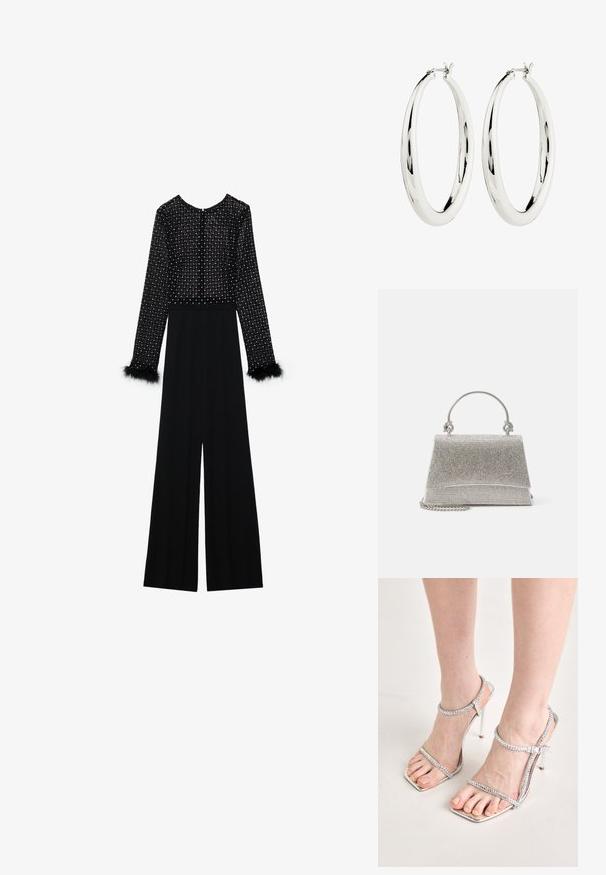 Sort jumpsuit med lange ærmer, udsmykket bodice med krystaller og fjer-accenter ved manchetterne. Bred ben-design, slank silhuet.; Fødder iført sølvfarvede højhælede sandaler med tynde stropper og firkantede tå, som står på en lys overflade.; ALDO FELISIA - Håndtasker - silver-coloured; Sølv hoops øreringe med en glat, reflekterende overflade. Rund, stor form med en sikker lås øverst. Den polerede finish fremhæver glansen.
