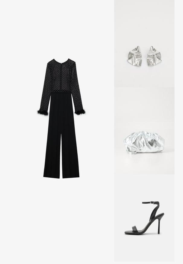 Sort jumpsuit med lange ærmer, udsmykket bodice med krystaller og fjer-accenter ved manchetterne. Bred ben-design, slank silhuet.; Sort højhælet sandal med en slank ankelrem og to forreste bånd. Lavet af glat læder med en slank spids tå og stilettohæl.; Metallisk sølv clutch taske med en blød, samlet krop og en tynd skulderrem. Har en glat, skinnende overflade og rund form.; Sølvmetal øreringe med et bølgende, skulpturelt design, der har en poleret overflade og uregelmæssige former, hvilket fremhæver en moderne æstetik.
