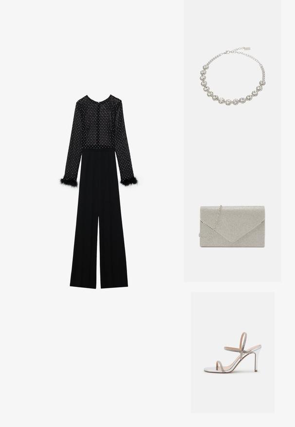 Sort jumpsuit med lange ærmer, udsmykket bodice med krystaller og fjer-accenter ved manchetterne. Bred ben-design, slank silhuet.; Madden Girl WISE - Højhælede sandaletter / Højhælede sandaler - silver; Metallic sølv clutch taske med et kuvert-design, udsmykket med et struktureret mønster, der har en aftagelig kæde-strop.; sweet deluxe NECKLACE CAROLIN - Halskæder - silver-coloured