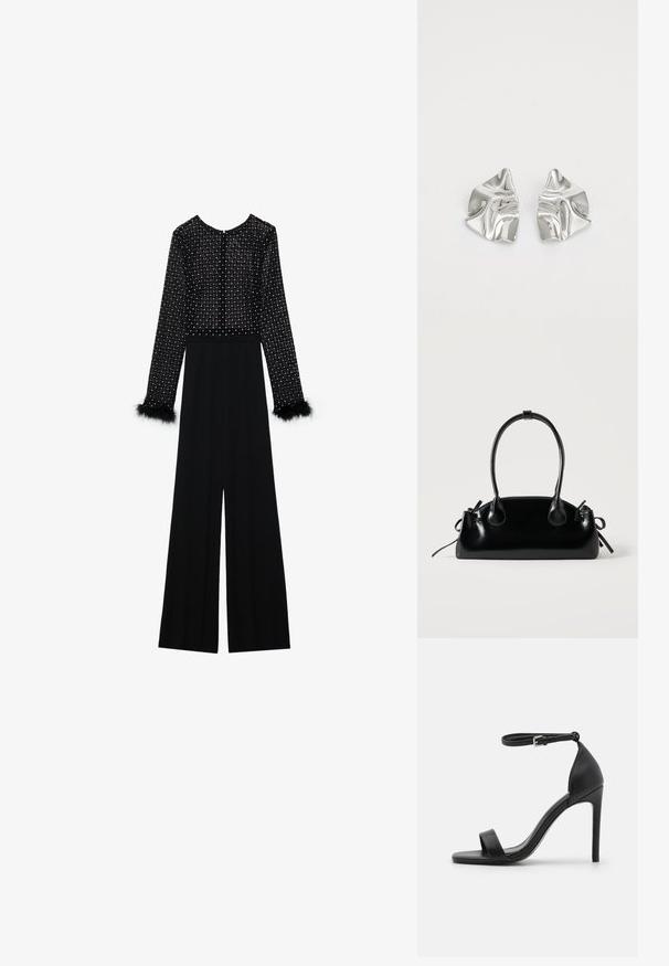 Zwarte jumpsuit met lange mouwen, versierde lijf met kristallen en pluizige accenten op de manchetten. Wijde pijpen, slanke silhouet.; Zwarte sandalen met hoge hakken, met een slank ontwerp, voorzien van een enkelbandje, open teen en een gladde leren textuur.; Kleine zwarte glanzende handtas met twee lange hengsels en zijkant trekkoord details op een effen lichte achtergrond.; Zilveren metalen oorbellen met een golvend, sculpturaal ontwerp, voorzien van een gepolijste afwerking en onregelmatige vormen, die een hedendaagse esthetiek benadrukken.
