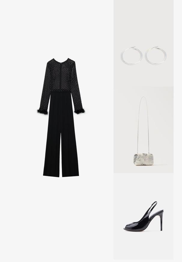 Zwarte jumpsuit met lange mouwen, versierde lijf met kristallen en pluizige accenten op de manchetten. Wijde pijpen, slanke silhouet.; Zwarte slingback hoge hakken van lakleer met open teen en stilettohak op een effen witte achtergrond.; Rechthoekige zilveren clutch met kralen en bloemenpatronen, voorzien van een lange dunne zilveren kettingriem, tentoongesteld tegen een effen achtergrond.; Een paar glanzende zilveren oorringen met dunne draadafsluitingen, getoond op een lichtgrijze achtergrond.