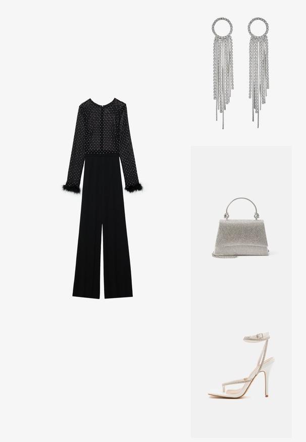 Sort jumpsuit med lange ærmer, udsmykket bodice med krystaller og fjer-accenter ved manchetterne. Bred ben-design, slank silhuet.; RAID RORY - Højhælede sandaletter / Højhælede sandaler - white; ALDO FELISIA - Håndtasker - silver-coloured; Sølvfarvede øreringe med en cirkulær top og hængende kæder samt firkantede rhinsten, der fremviser et lineært, multi-niveau design.