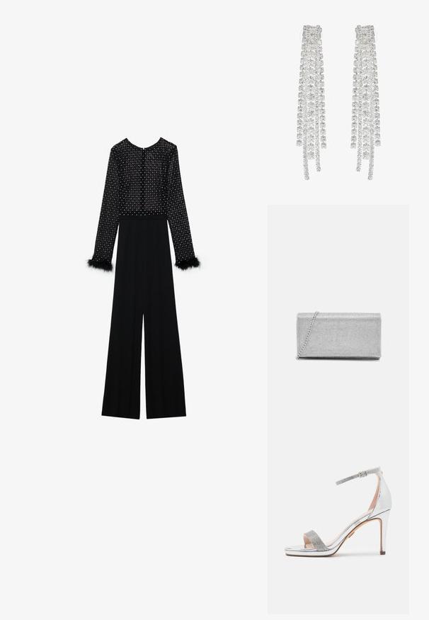 Mustast jumpsuit'iga, millel on pikad varrukad, kaunistatud kristallidega bodice ja suleaksendid varrukaotstes. Lai jalgevahe disain ja elegantne siluett.; Hõbedane kõrge kontsaga sandaal, millel on läikiv lakitud pealmine materjal, tekstuuriga kristallriba, reguleeritav pahkluu rihm ja ruudukujuline avatud varvaste disain.; Hõbedane metallist kott, millel on kudumise võrgustik, ristkülikuline kuju ja kett, millega kanda. Sile tekstuur ja poleeritud viimistlus.; Pikad hõbedased kõrvarõngad, millel on rida selgeid, facettide lõikega kristalle kaskaadsetes lõngades, millel on erinevad pikkused ja kujundid.