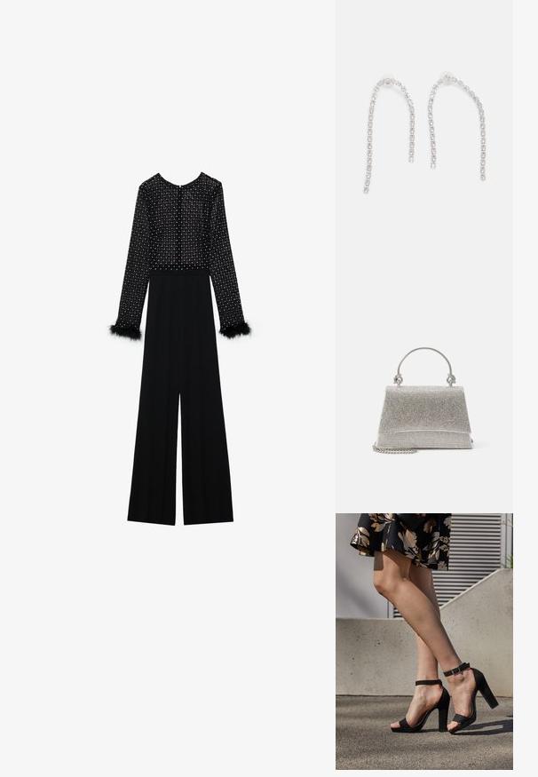 Zwarte jumpsuit met lange mouwen, versierde lijf met kristallen en pluizige accenten op de manchetten. Wijde pijpen, slanke silhouet.; Zwarte suède hoge hakken sandalen hebben een enkelband met een gesp, een open teenontwerp en een chunky hak. Glad textuur en minimalistische stijl.; ALDO FELISIA - Handtas - silver-coloured; Zilveren oorbellen met hangende kettingen, voorzien van meerdere heldere edelstenen die in een lineair patroon zijn gerangschikt, wat een schitterend effect geeft.