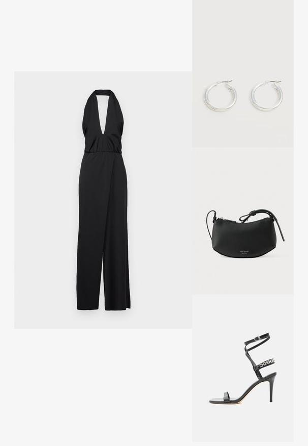 Sort halterneck jumpsuit med en dyb V-udskæring, samlet talje og bred benåbning. Fremstillet af glat stof med en tætsiddende bodice.; Sort højhælet sandal med tynd ankelrem, midtfodsrem dekoreret med sølvkædeled og åben tå-design.; Sort læderclutch med rund form, lynlås og tynd strop. Har subtil kornstruktur og sølvfarvet logodetalje.; Par mellemstore skinnende sølv hoops øreringe med tynde metal spænder på en lys neutral baggrund.