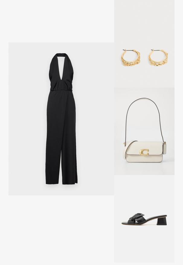 Sort halterneck jumpsuit med en dyb V-udskæring, samlet talje og bred benåbning. Fremstillet af glat stof med en tætsiddende bodice.; Sorte læder slidesandaler med en bred rem med kædedetalje, åben tå og en geometrisk høj hæl. Glat tekstur og minimalistisk design.; Hvid læder skuldertaske med guld-tonet lås, sort kant og en tynd rem. Har en rektangulær form og et minimalistisk design.; Par af øreringe i guldfarve med udsmykket blomster- og bladprægning på en neutral baggrund.