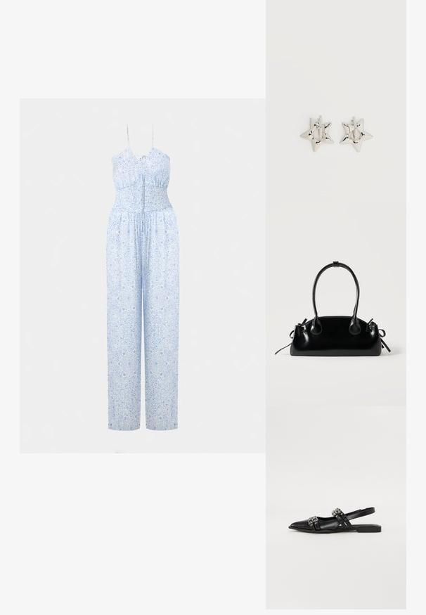 Lyseblå jumpsuit med justerbare stropper, smocket bodice og bukser med brede ben, prydet med et detaljeret blomstermønster. Blød stofstruktur.; Even&Odd by Zalando Slingback-ballerinasko - black; Lille sort blank håndtaske med to lange håndtag og snøre-detaljer i siden på en ensfarvet lys baggrund.; Sølv stjerneformede øreringe med en glat, poleret finish på en ensfarvet hvid baggrund.